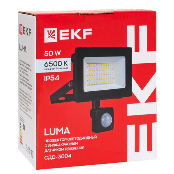 Прожектор свд 50Вт 6500К 4000лм черный IP65 110° Luma EKF датчик движения